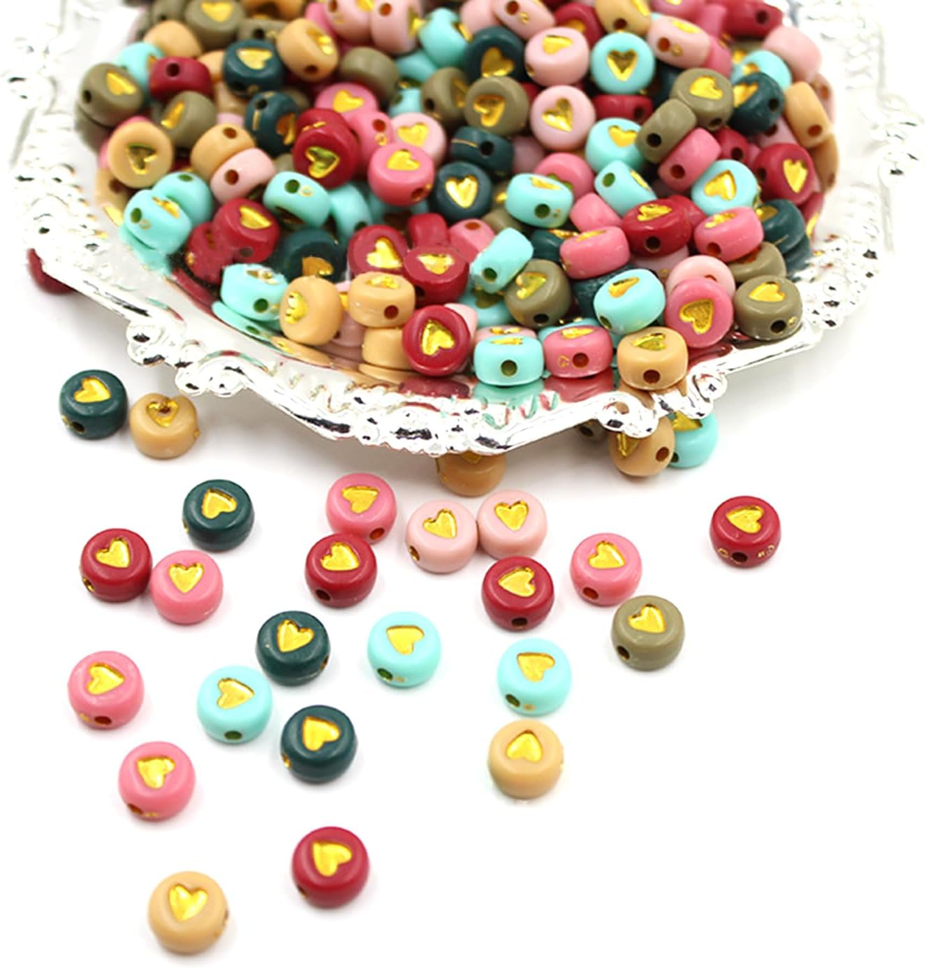 (100er Set) 7mm Acryl Herz Perlen DIY Bastel Schmuck Zwischenperle für Armband / Kette - Bunt / Gold