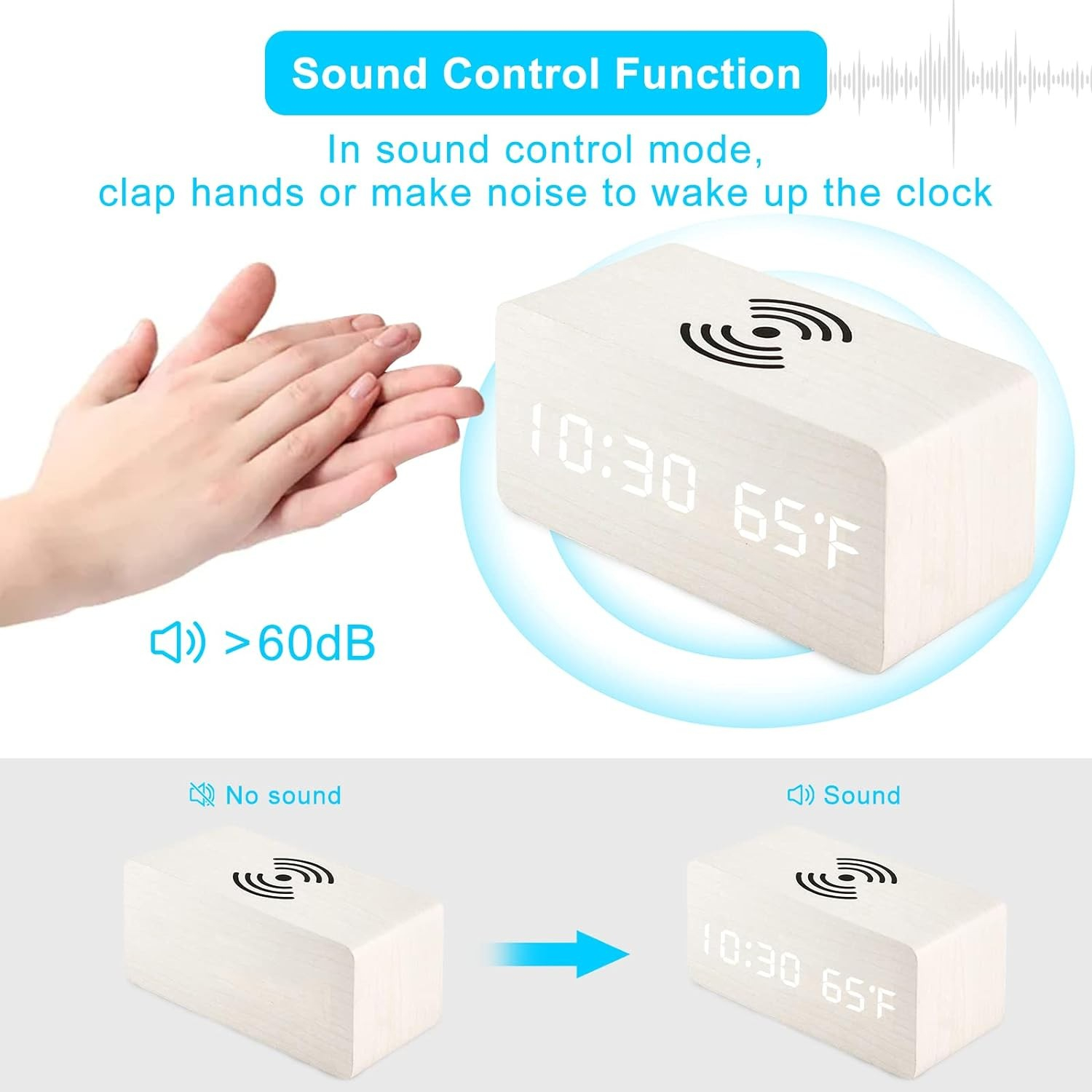 3in1 LED Holz Wecker USB Nachttisch Uhr mit Integrierter Ladestation Qi Wireless Ladegerät / Temperatur Anzeige - Weiss