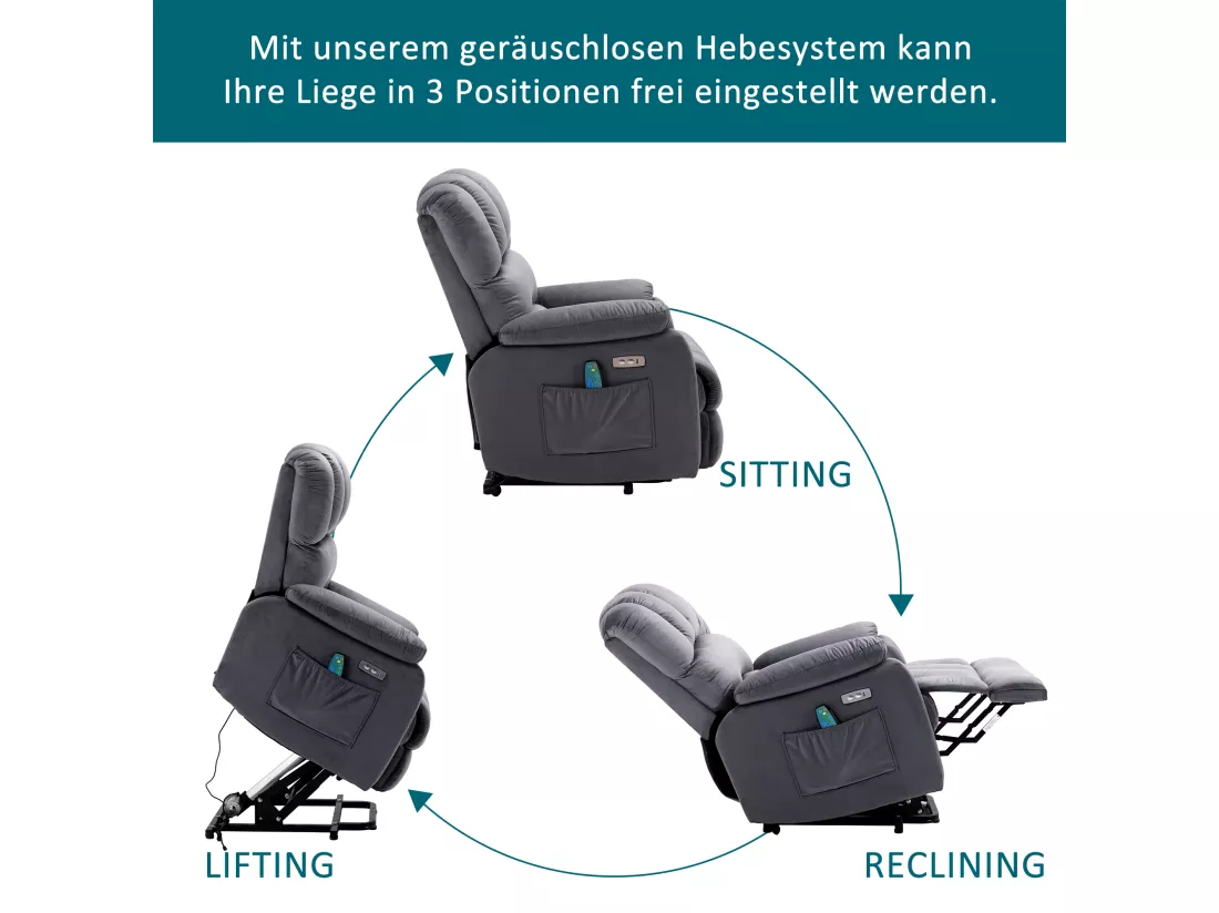 Fauteuil de relaxation électrique avecc fonction massage, fauteuil inclinable 160°, rembourré en tissu gris