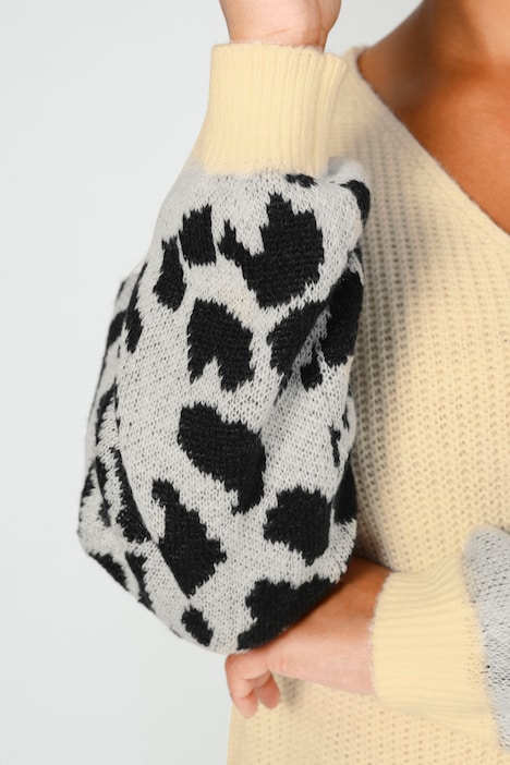 Long-Pullover, oversized, Rippstrick, Leo-Ärmel, V-Ausschnitt