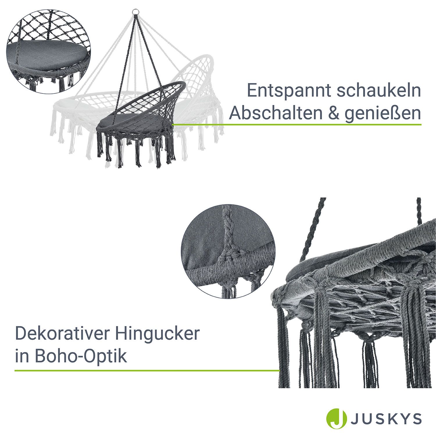 Juskys Hängesessel Cadras anthrazit - 60 cm breites Kissen –Indoor Hängekorb 120 kg Belastbarkeit