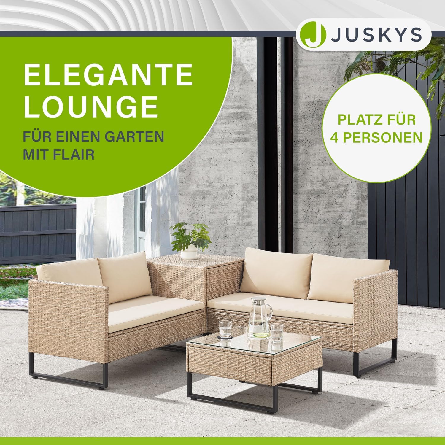 Juskys Outdoor Polyrattan Lounge Santorini - Gartenlounge mit Beistelltisch & Auflagenbox - Gartenmöbel Set Rattan Sitzecke wetterfest - Creme