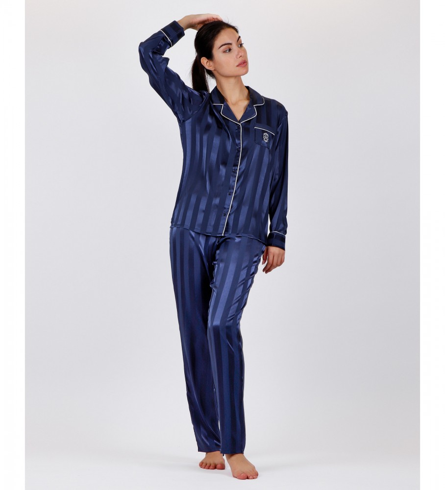 Pijama de noiva aberto Admas com listras de cetim azul