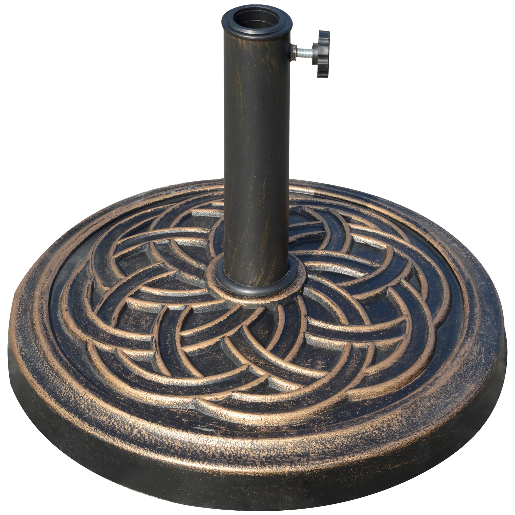 Base para guarda-sol de jardim Outsunny, peso líquido 12 kg, suporte redondo para guarda-sol, adequado para hastes de 38 mm/48 mm, resina e aço, para terraço, pátio ou área externa, Ø45 x 33 cm, bronze.