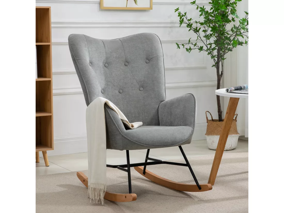 Fauteuil à Bascule Allaitement Scandinave Chaise Loisir et Repos en Tissu avec Pieds en E' Bois Métal pour Salon, Chambre, Massif, Gris Clair