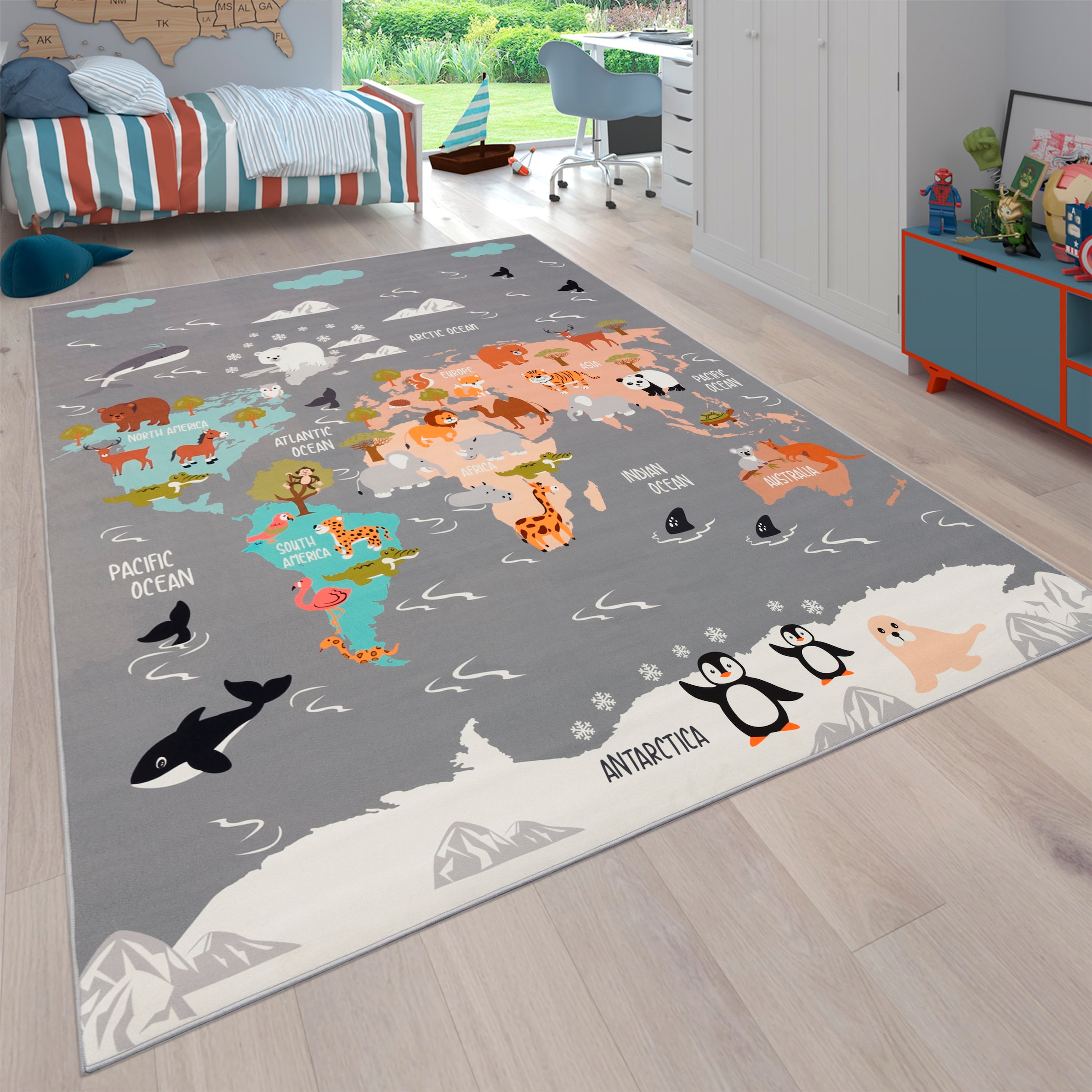 Paco Home Kinderteppich »Bino 581« rechteckig 4 mm Höhe Spielteppich, Motiv Weltkarte & Tiere, Kinderzimmer
