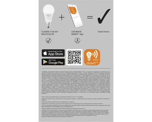 Ledvance Smart WIFI LED-lampen dimbaar A60 E27/9W (60W) mat 806 lm 2700-6500 K RGBW 3-pack
