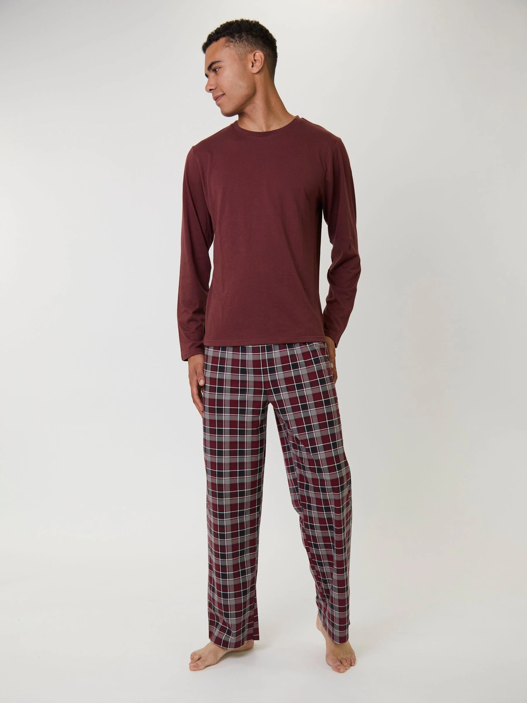 Bordeauxrood - Ronde hals - Loungeable Jersey Microfleece Long Top And Check Trousers Pyjama Set