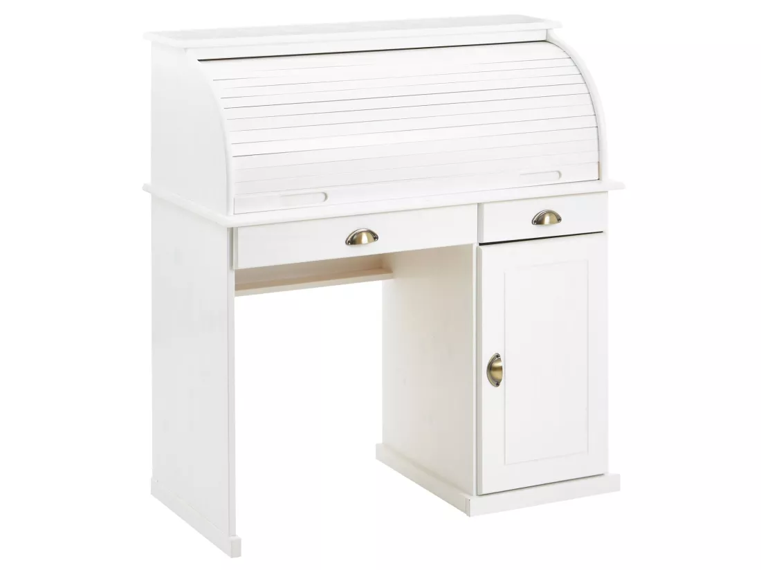 Bureau secrétaire TOM avec volet roulant rangement 2 tiroirs et 1 porte avec étagère, en pin massif lasuré blanc