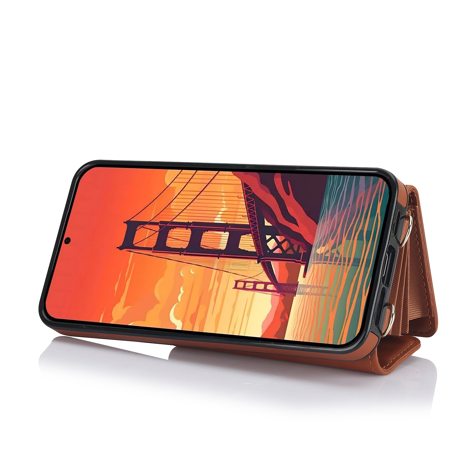 Samsung Galaxy S24 Necklace Leder Schutz Hülle mit Kartenfach   Handykette (140cm) - Braun