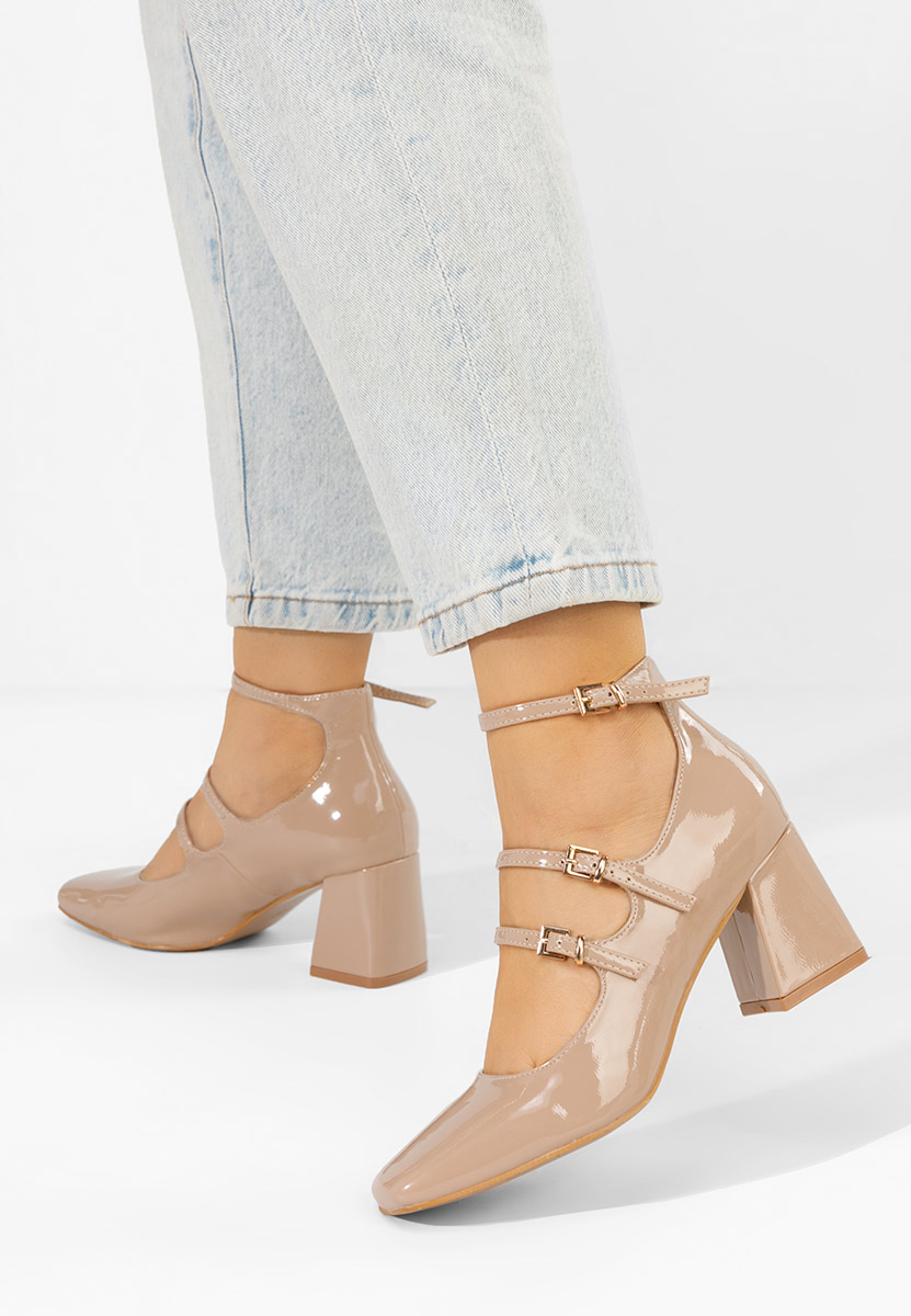Chaussures vernies à talon épais beige Renelia