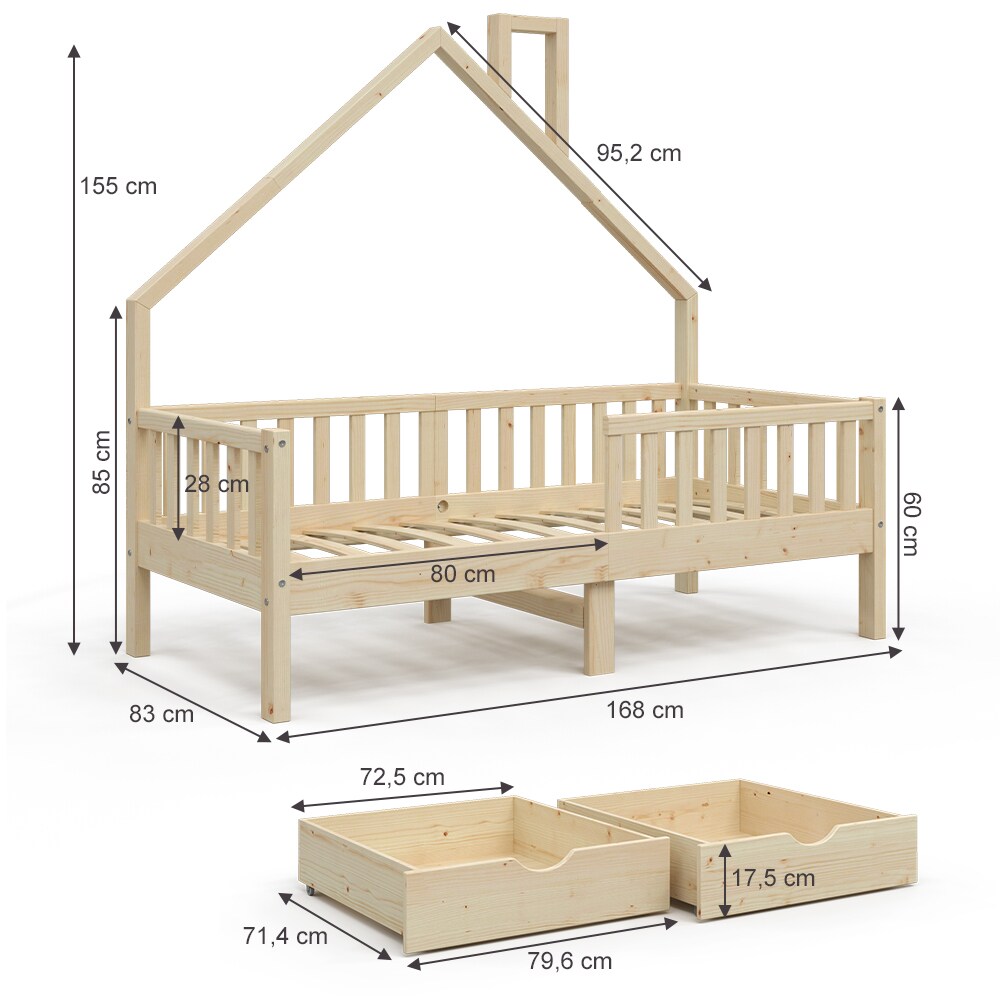 VitaliSpa Hausbett Kinderbett Spielbett Noemi 80x160cm Schubladen Rausfallschutz