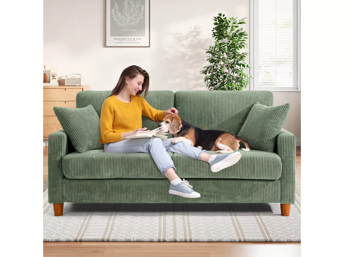 Canapé en velours 2 Places, avec 2 Coussins, sièges profonds de 56cm, 178x76x89cm, Vert