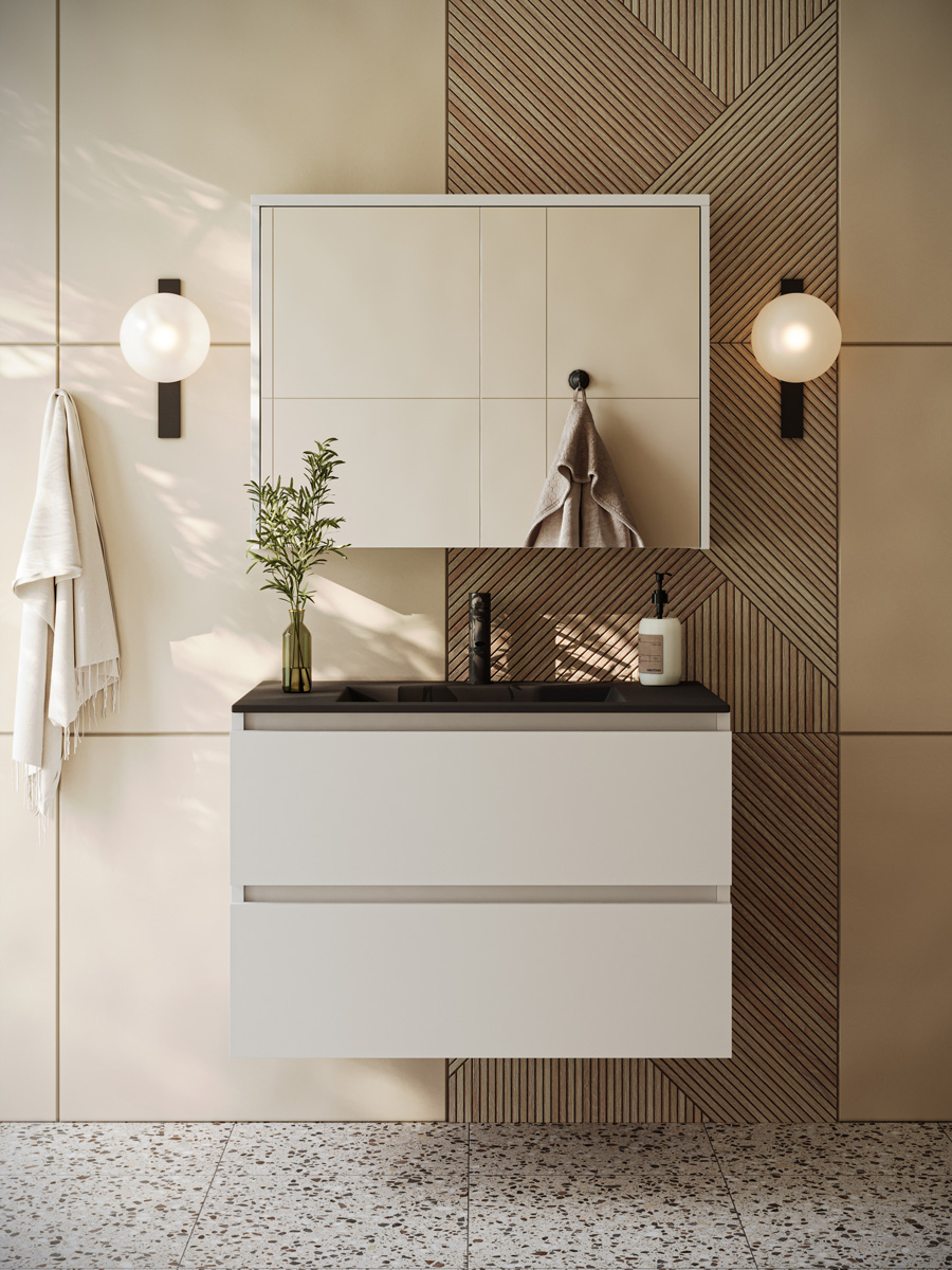 Fontana Rovigo badmeubel 80cm wit mat met zwarte wastafel met kraangat en spiegelkast zonder verlichting