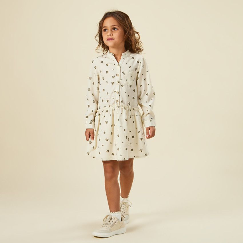 Robe manches longues imprimé floral pour fille - Ecru