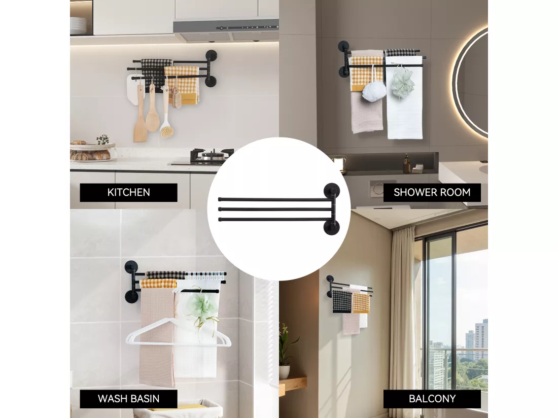 Auralum max Porte-Serviettes avec 3 Barres 180°Rotatives,Inox 304 Porte Serviette Murale Sèche-Serviettes pour Salle de Bain Cuisine-Noir(40CM)