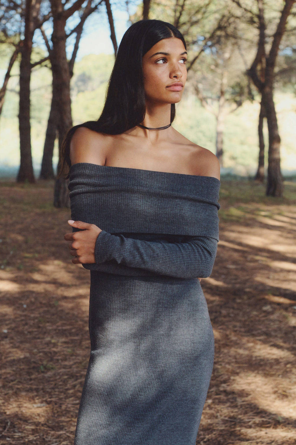 MANGO TEEN off shoulder bodycon jurk donkergrijs