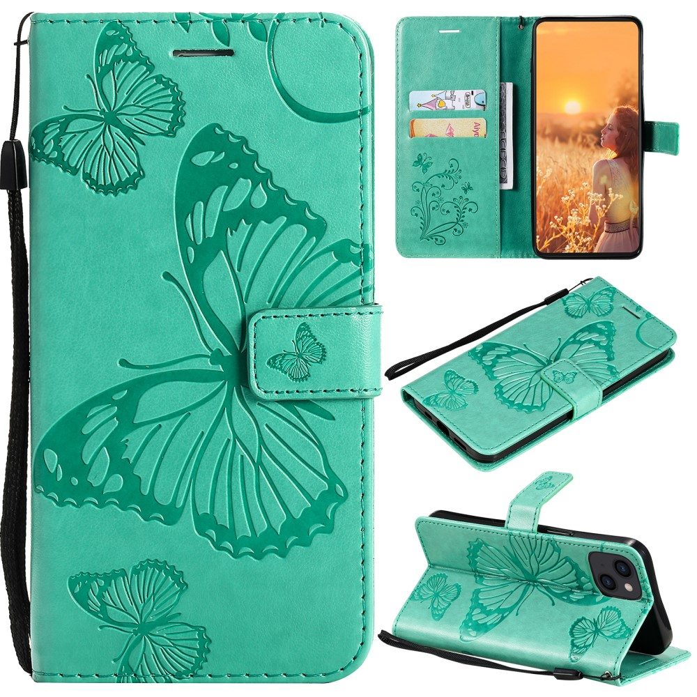 iPhone 13 Leder Tasche mit Kartenfach   Handschlaufe Schmetterling - Türkis
