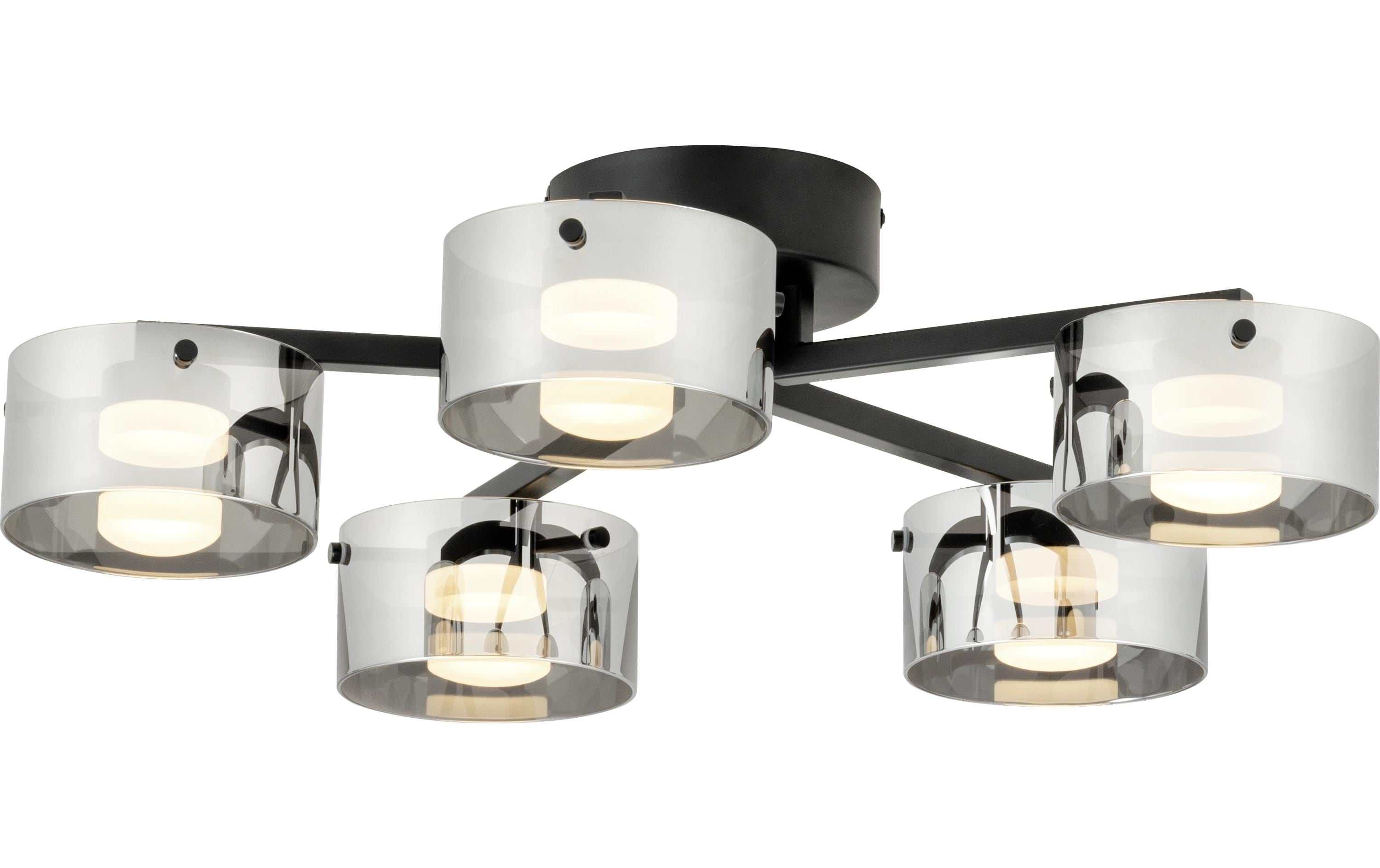 LED-Deckenleuchte Copillos LED 5 x 5, 4W 3000K Silber<br>Moderne LED-Deckenleuchte mit fünf Leuchtenarmen aus schwarzem Metall und runden Rauchglas-Lampenschirmen