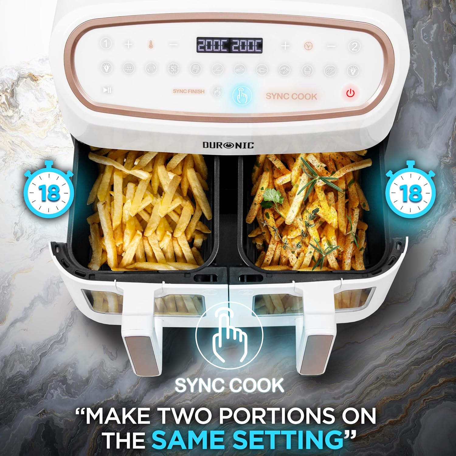 Duronic AF34 WE XXL Heißluftfritteuse – 10L Airfryer mit 2 Kammern, Doppel-Fritteuse ohne Öl, HLF Air Fryer für fettfreies Garen von Pommes, Fleisch & mehr – Friteuse mit großem Volumen