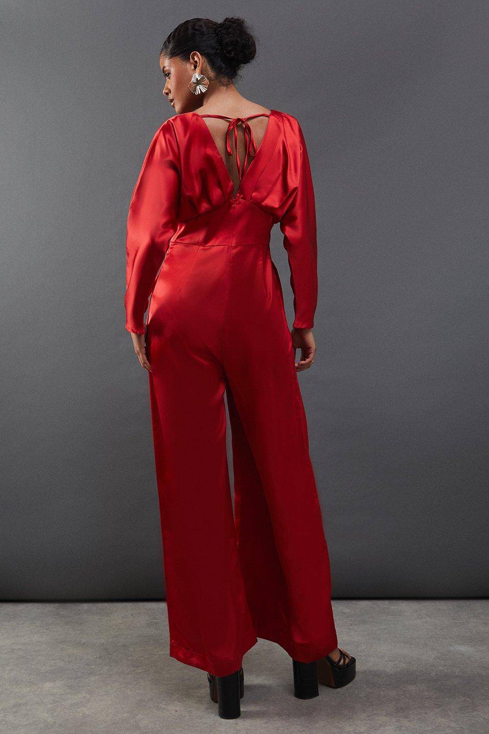 Warehouse Combinaison Pantalon Large en Satin à Manches Chauve-Souris