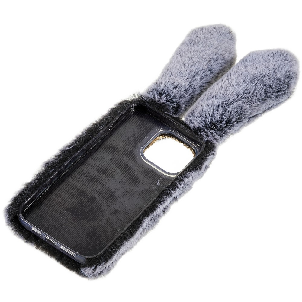 iPhone 14 Pro 3D Gummi Plüsch Case Hülle Bunny mit Flauschigen Hasenohren - Grau