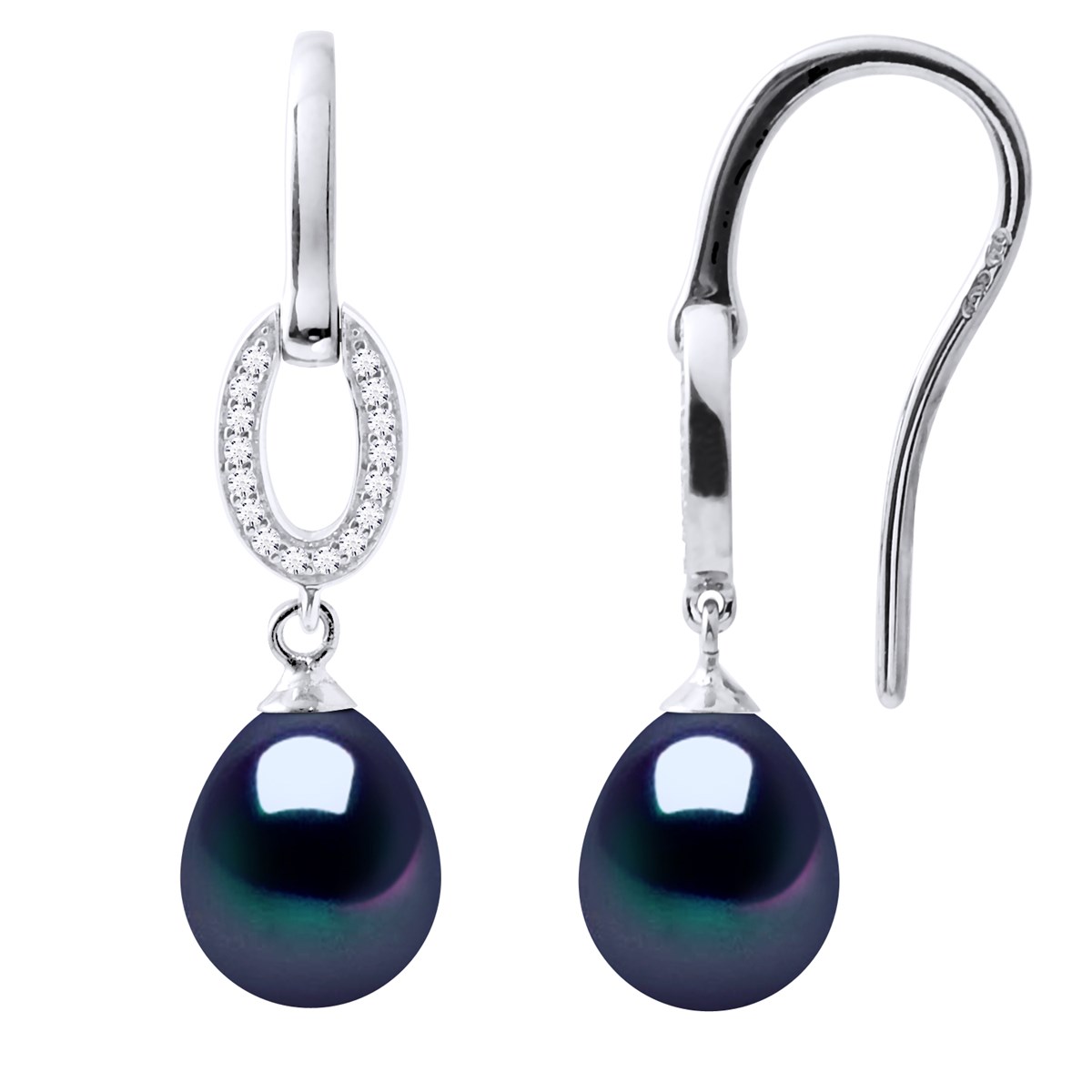 Crochets d'Oreilles Perles d'Eau Douce Poires 8-9 mm Noires Joaillerie Argent 925