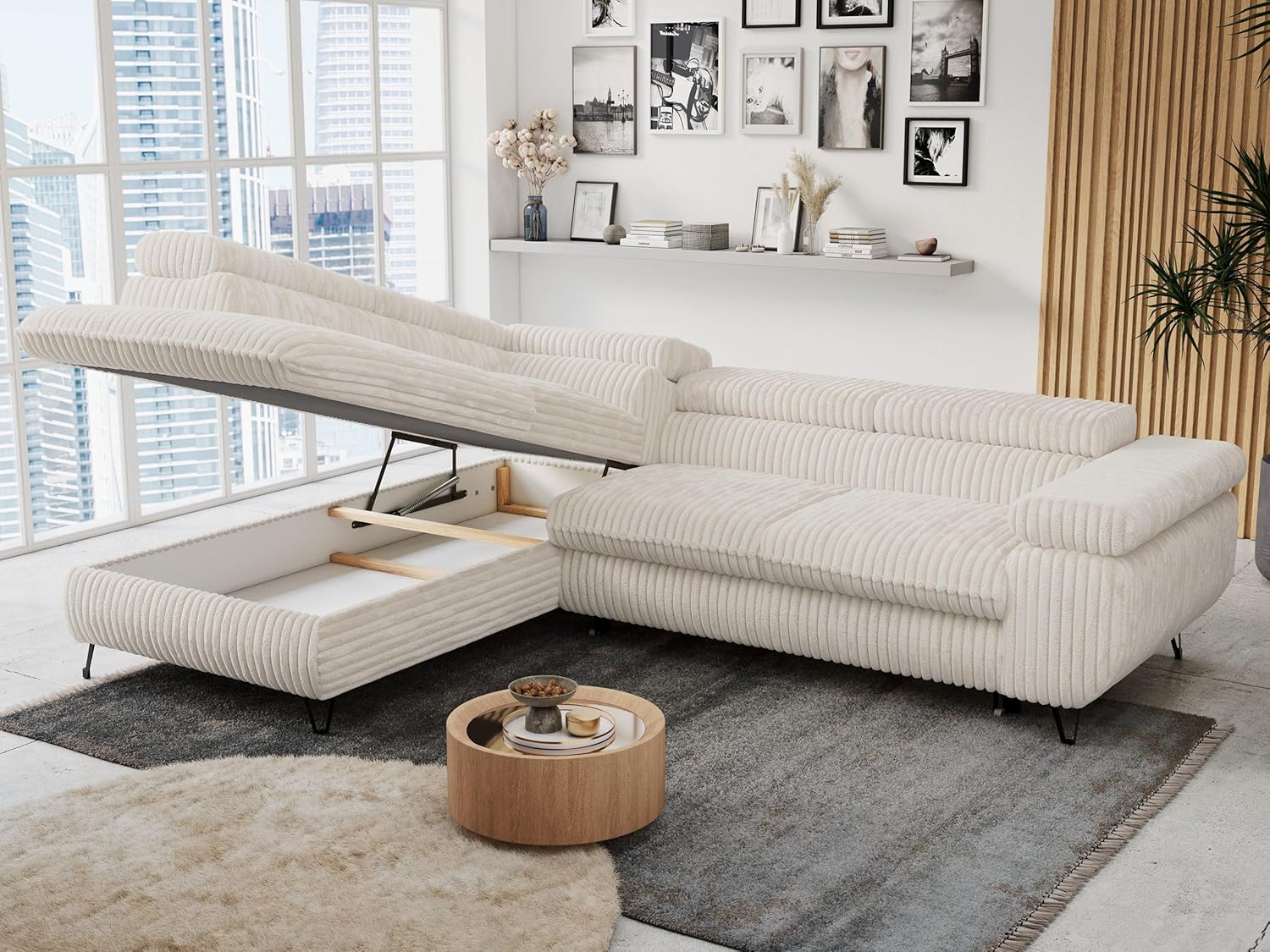 MKS MEBLE Ecksofa Wohnlandschaft L-Form mit Schlaffunktion und Bettkasten, Schlafsofa mit Bettkasten, Sofa mit Einstellbare Kopfstützen, Peter L - Cord - Links Beige