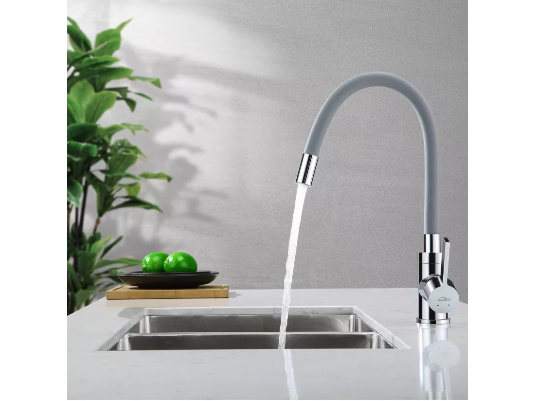 Auralum MAX Mitigeur Évier avec Bec Flexible, Robinet de Cuisine, Cuisine Mitigeur Flexible Rotative à 360°, Gris