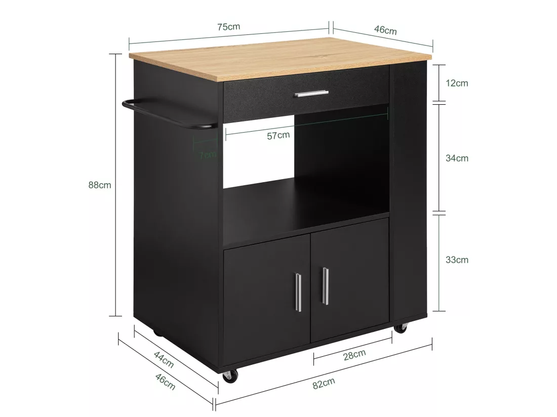 Desserte Roulante Chariot De Cuisine À Roulettes Buffet Avec Etagère Latérale, Fkw113-sch