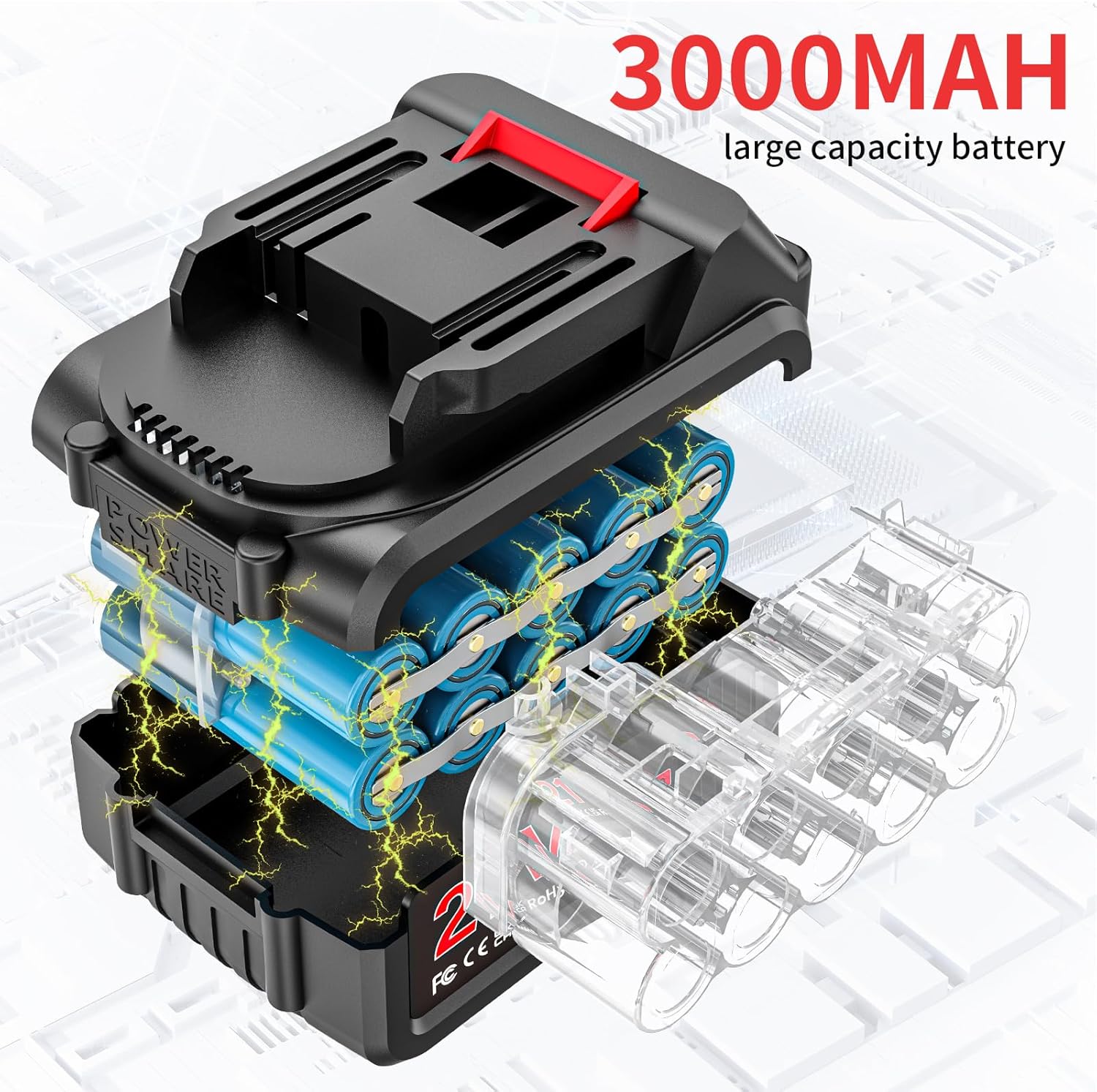 Brushless Trononneuse avec batterie 3000mAh * 2, 12 pouces scie à chane électrique sans fil, scie à chane électrique à une main, scie à chane manuelle sans fil avec verrouillage de sécurité