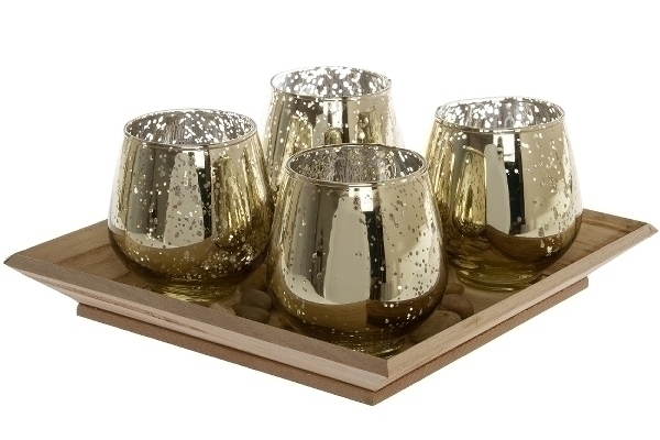 4er-Set Glaswindlichthalter - goldfarben - inklusive Holztablett