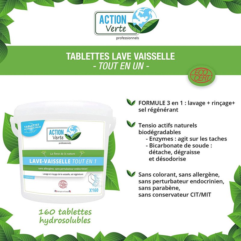 Tablettes lave-vaisselle Action Verte professionnels Tout en 1 - Seau de 160