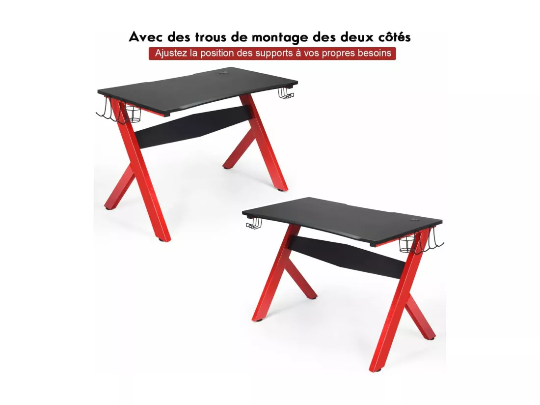 Bureau Gamer 60 x 115 cm, Tapis de Souris, Support pour Ecouteurs et Support pour Tasse, Porte-Gobelet, Surface en Fibre de Carbone et Cadre en Acier, Table de Gaming pour E-Sport, Noir+Rouge