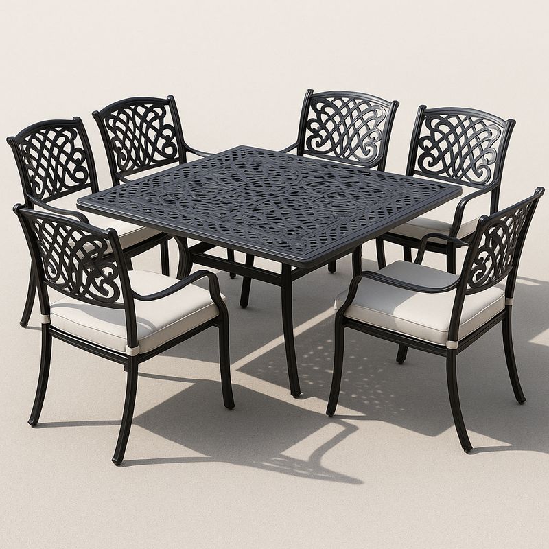 7-teiliges Outdoor-Set, quadratisch, aus Aluminium, in Schwarz, mit 6 Stühlen