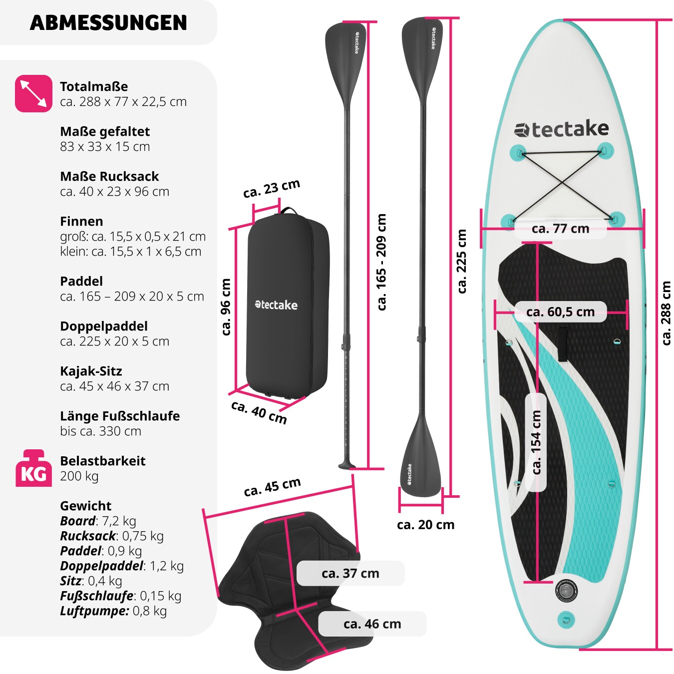 tectake® Stand-Up Paddle Board, 2in1, aus Drop-Stitch Material, Belastbarkeit 200 kg, 288 x 77 x 22,5 cm