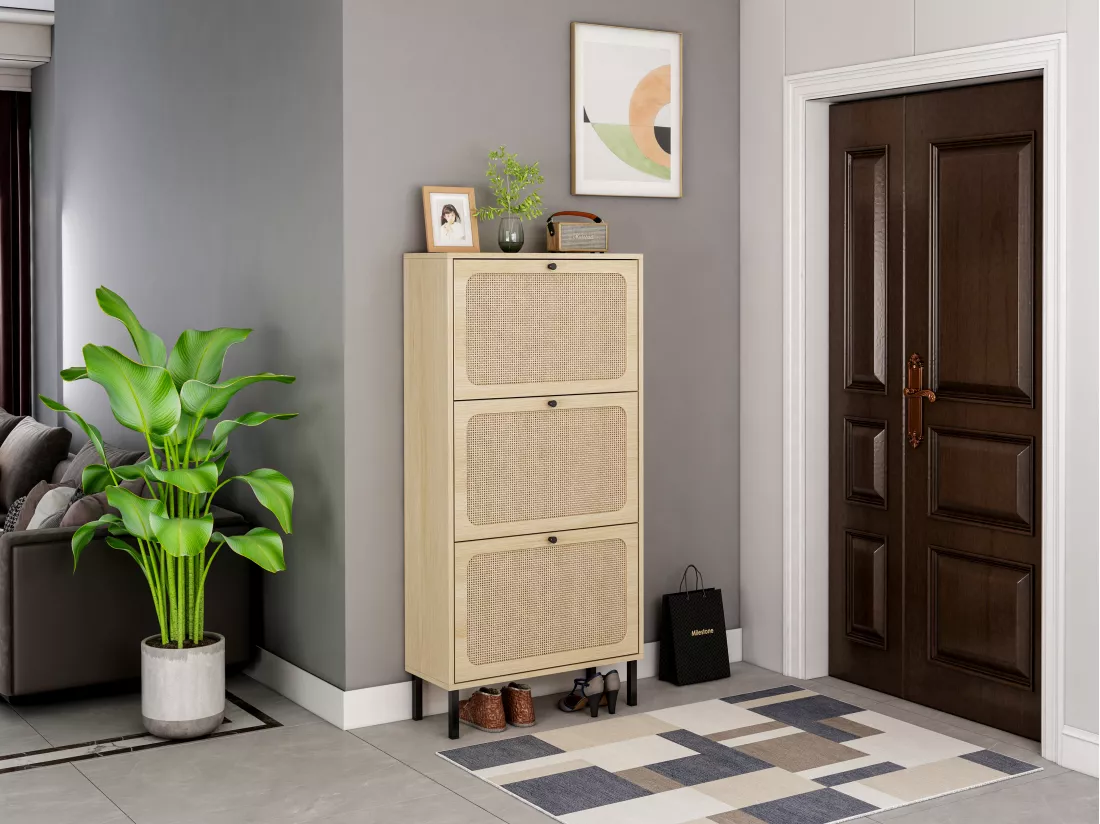 Armoire à Chaussures à 3 Portes avec Décor en Rotin Naturel et Pieds Métalliques Indépendants (Modèle Détachable)