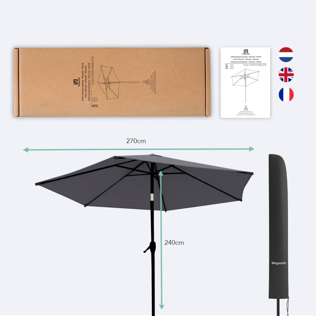 LifeGoods 270 cm parasol met hoes - Dark Grey