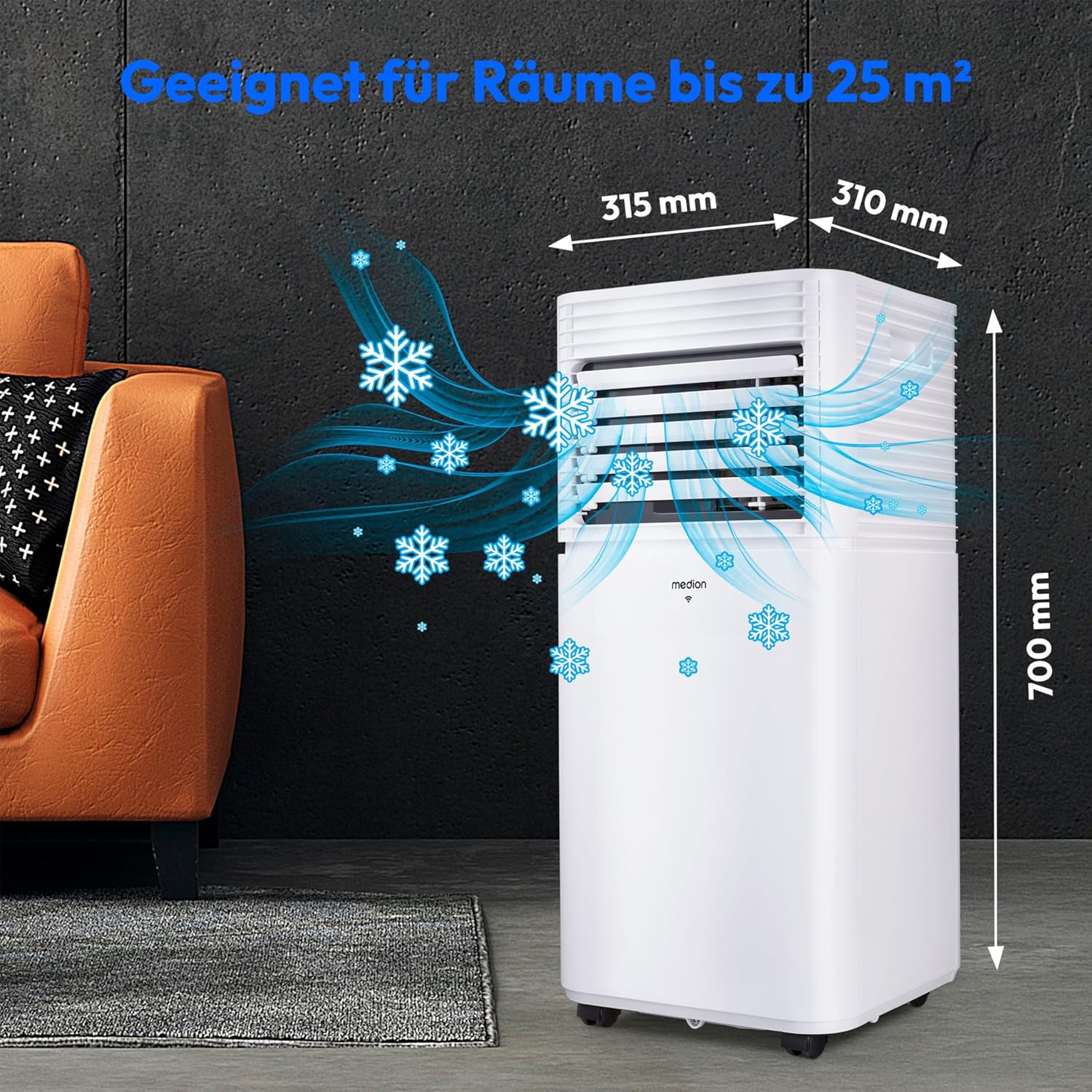 MEDION Smarte Mobile Klimaanlage mit Abluftschlauch P701 (7000 BTU, mobil, inkl. Fensterabdichtung, bis 25m², 3in1 Kühlen Entfeuchten Ventilieren, App- und Sprachsteuerung, Schlafmodus, MD 37672)