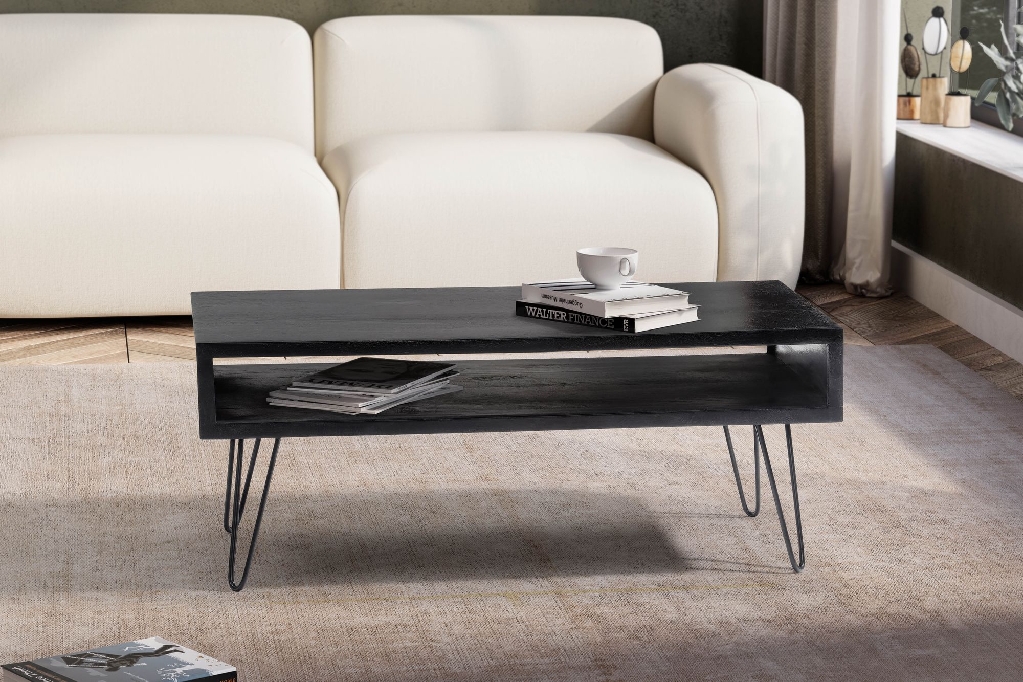 Couchtisch FineBuy Massivholz 100 cm Wohnzimmertisch Sofatisch Tisch Stauraum