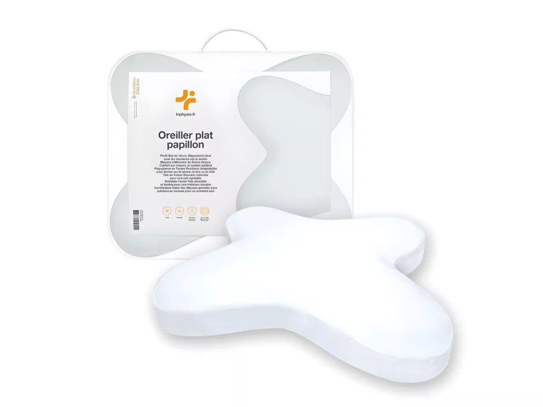 Oreiller Papillon Plat 56x46 Mémoire de Forme, Profil Bas 10 cm, Multiposition, Taie en Coton