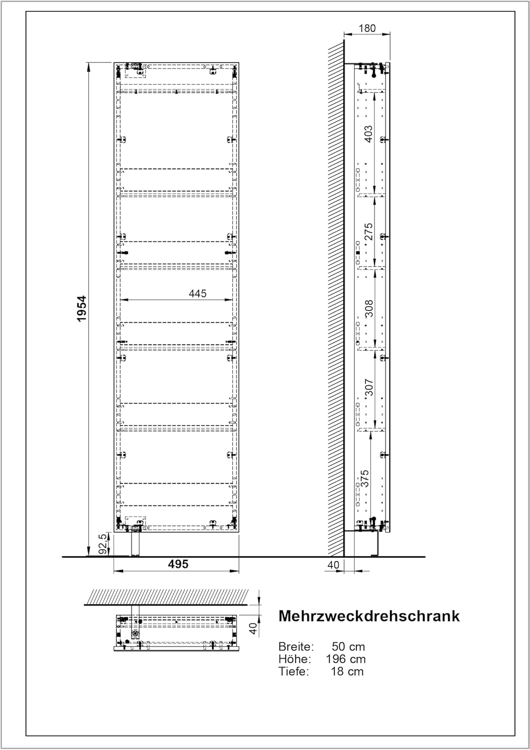 Germania Drehschrank 1189-58, mit verspiegelter Front, 50 x 195 x 18 cm (BxHxT)