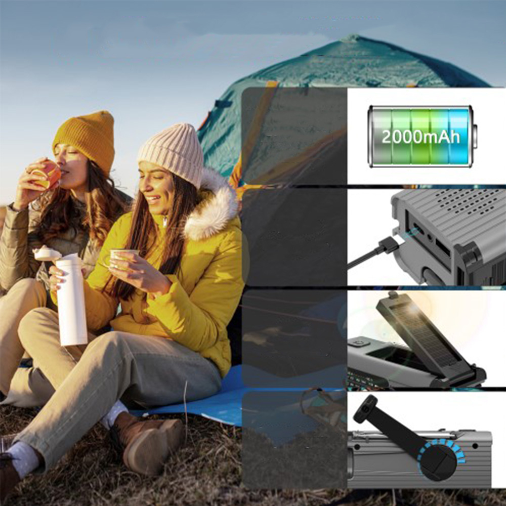 (16x6cm) 2000mAh 5in1 Outdoor Kurbel Radio mit WB/AM/FM / USB Powerbank / Solar Taschenlampe / SOS Alarm / LED Leselampe - Grau