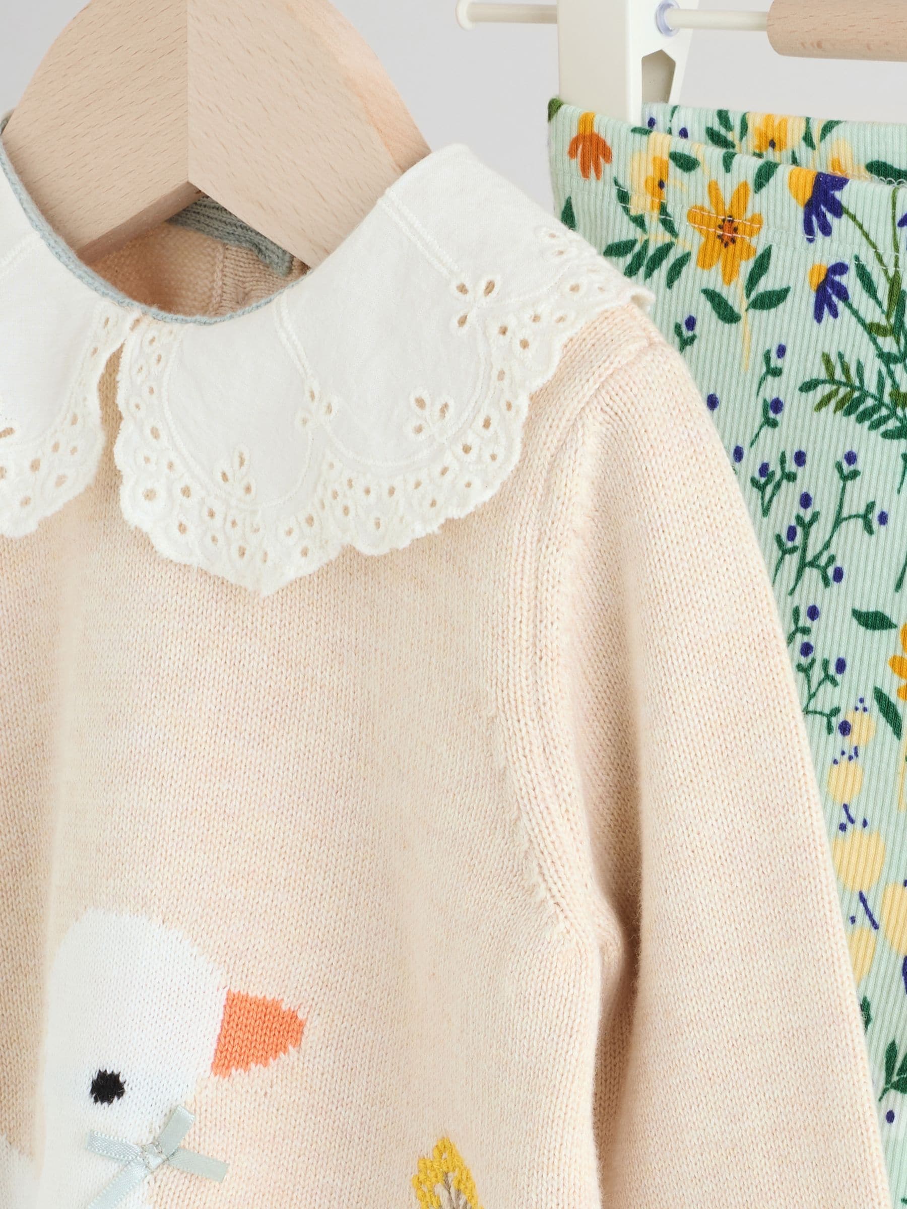 Neutrale Eend/Saliegroen met fijne print - 2 -delige babyset met gebreide trui en legging (0mnd-3jr)