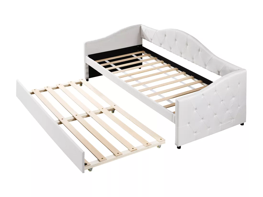 Lit banquette 90x200cm + lit gigogne 90x190cm - capitonné en tissu lin - Beige (matelas non inclus)