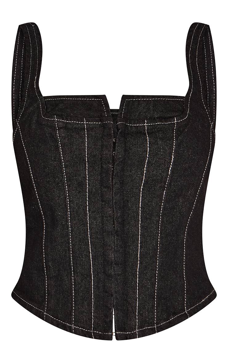 Noir Top Corset En Denim À Coutures Contrastées