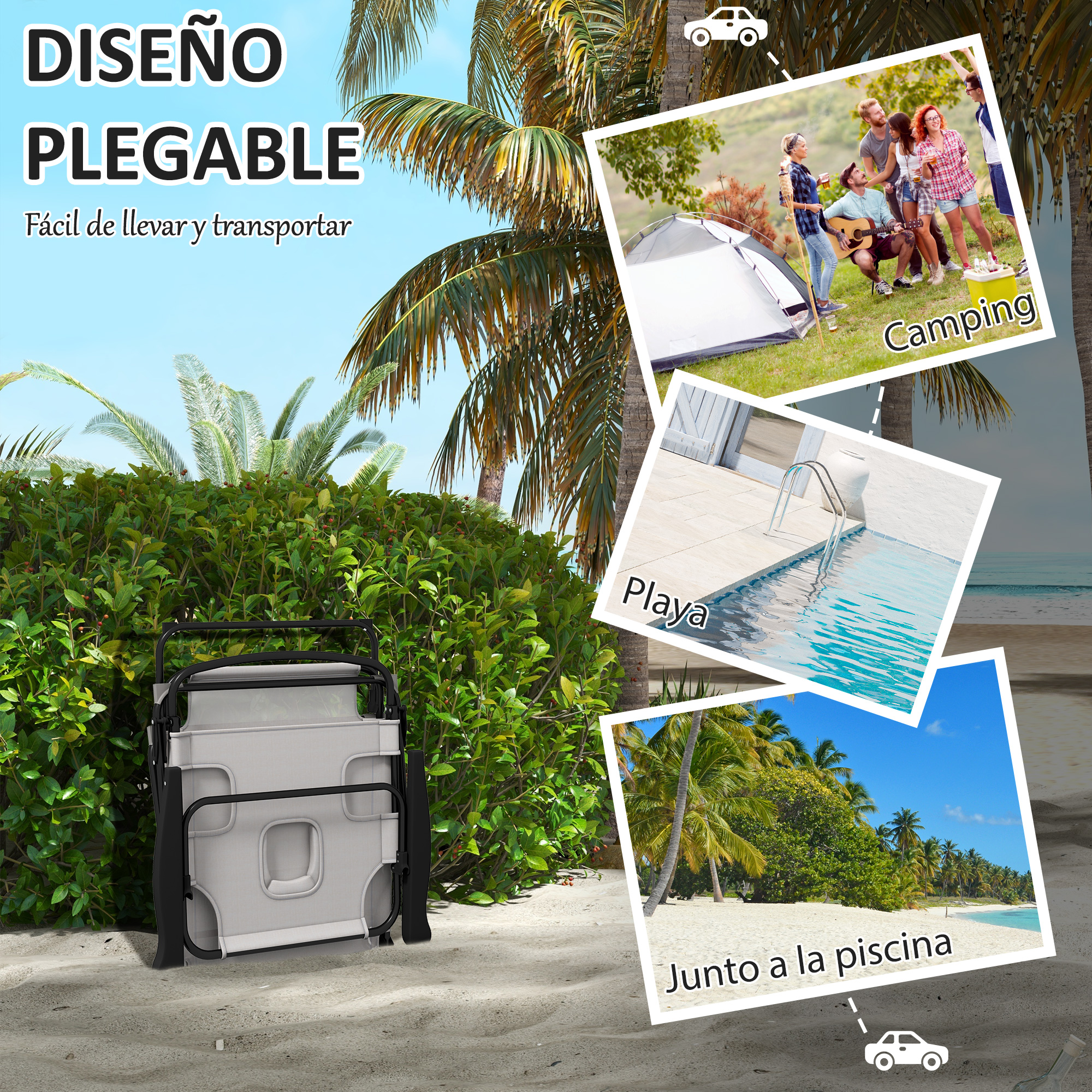 Espreguiçadeira dobrável Outsunny para jardim, com encosto ajustável em 4 níveis, orifício para leitura e apoio de cabeça, ideal para pátio ou piscina, 194 x 72 x 31 cm, cor creme.