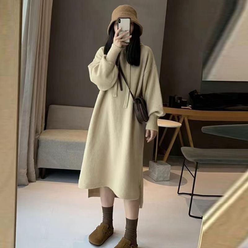 aistera - Lange mouwen effen gebreide midi hoodiejurk