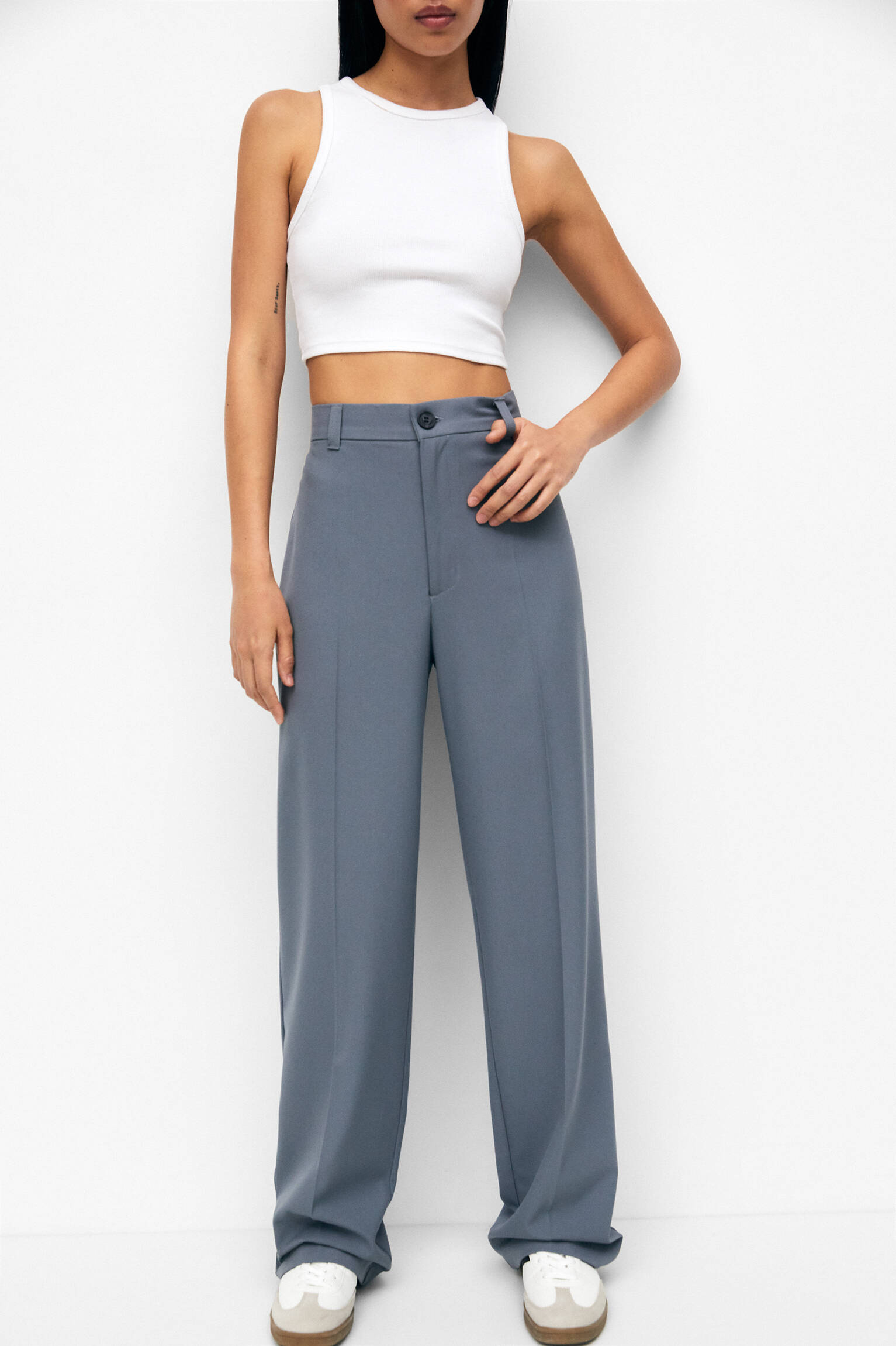 Calça social de corte reto - cinza azul