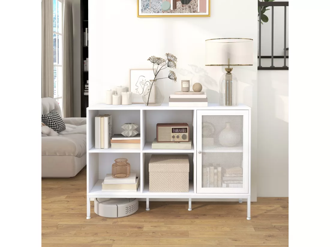 Buffet 4 compartiments porte grillagée avec étagère - dim. 120L x 37l x 81,5H cm - acier panneaux blanc